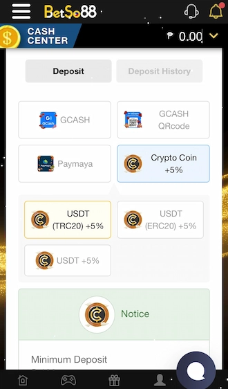 Step 2: In the deposit interface, select the Crypto Coin deposit method.