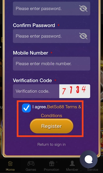 Step 3: Agree to BETSO88’s terms and conditions, then confirm registration