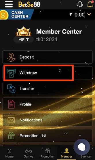 Step 1: Once logged into your betting account, select “Withdraw”